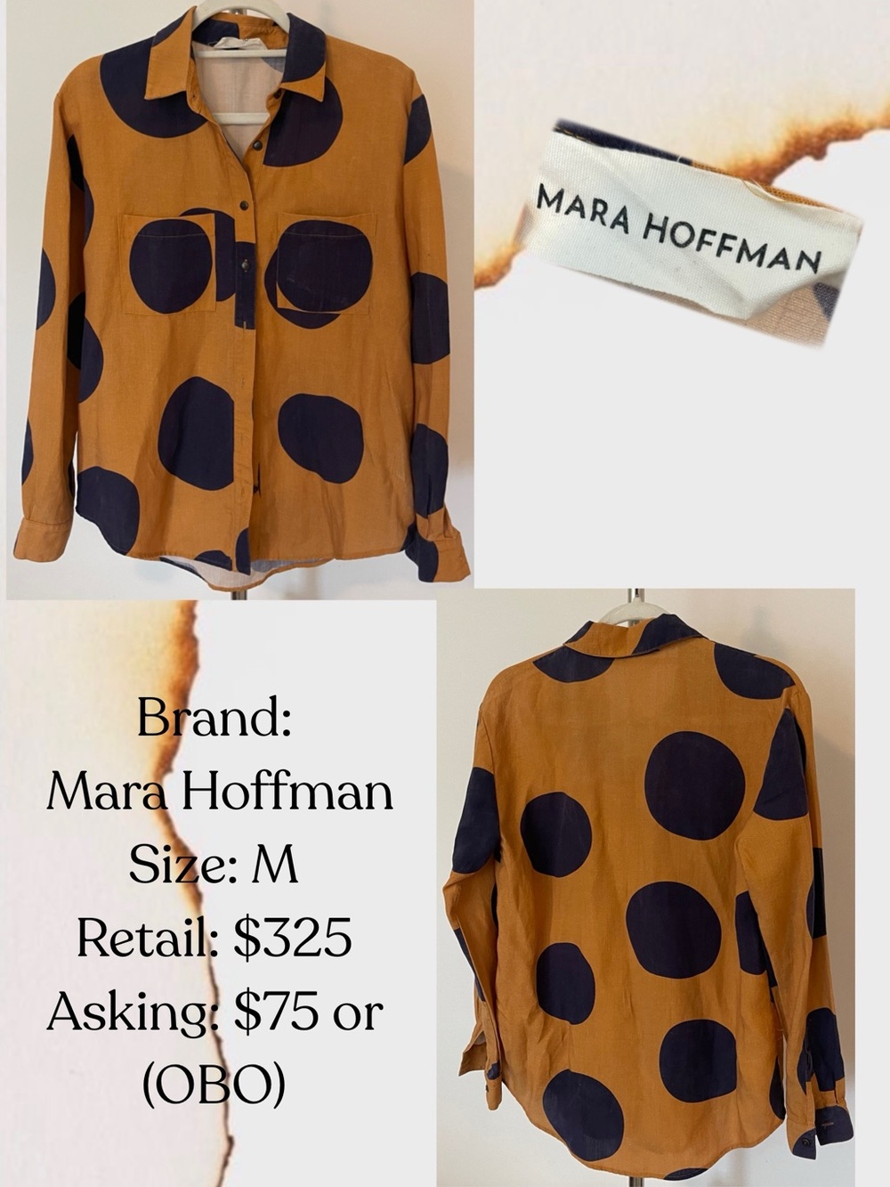 Mara Hoffman Mustard with Navy Polka Dot Button-Down Blouse